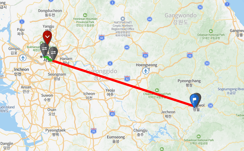 Map showing the route from Seoul to Yeongwol Cheongnyeongpo, South Korea